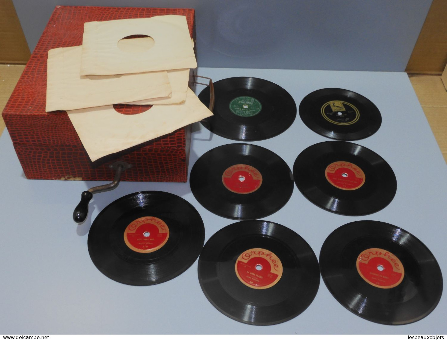 -GRAMOPHONE ORPHEE 1935 JOUET pour ENFANTS avec 7 Disques + Boite aiguilles   E