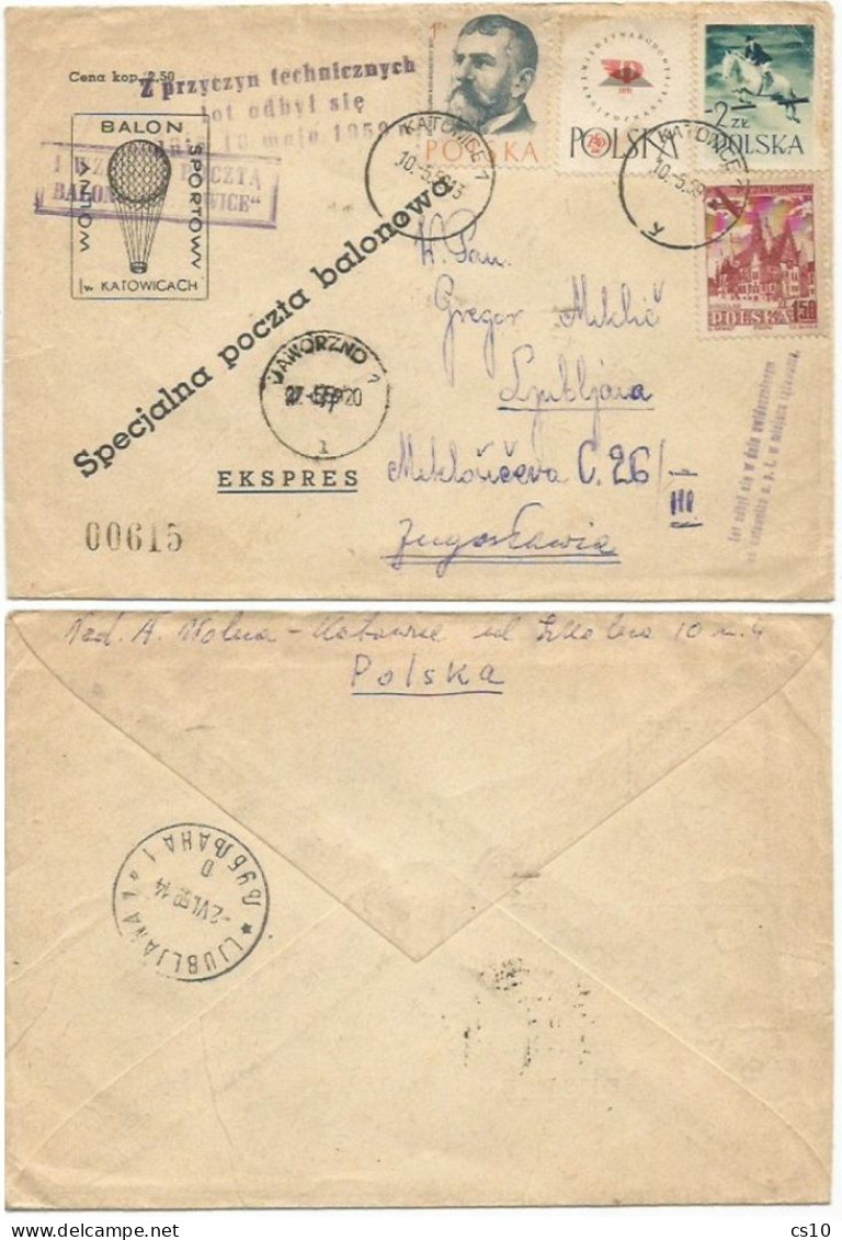 Hot Air Ballooning Poland Express Limited Ed. CV Katowice 10may1959 To Ljubljiana Jugoslavija - Covers & Documents