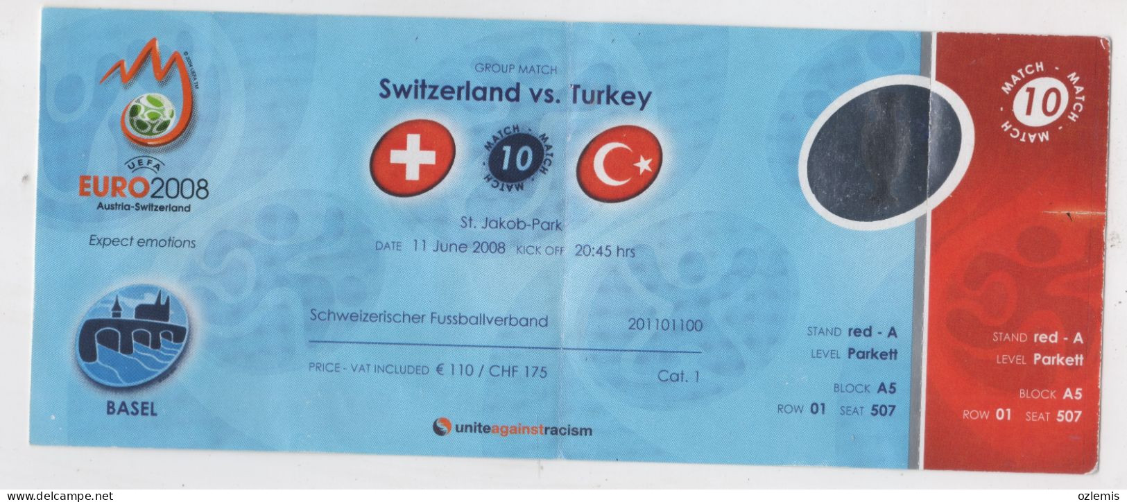 EURO 2008,AUSTRIA-SWITZERLAND ,GROUP MATCH ,SWITZERLAND -TURKEY  ,ST.JAKOB PARK,BASEL,MATCH TICKET, - Tickets D'entrée