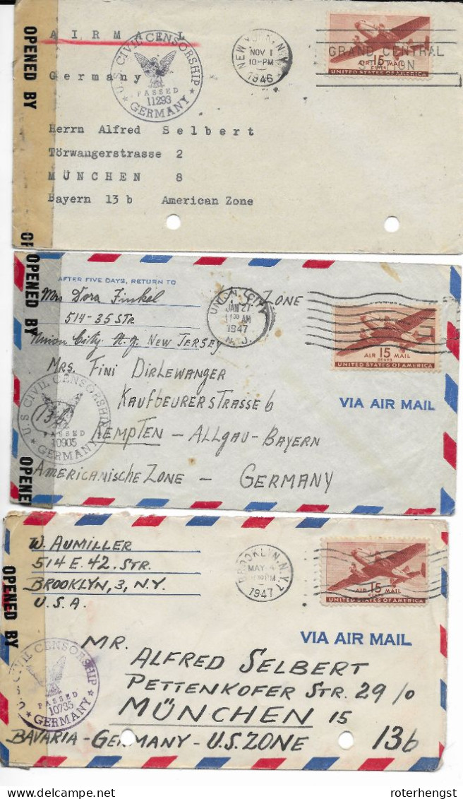 Three US Airmail Letter 1946-47 With Germany Censor - Briefe U. Dokumente