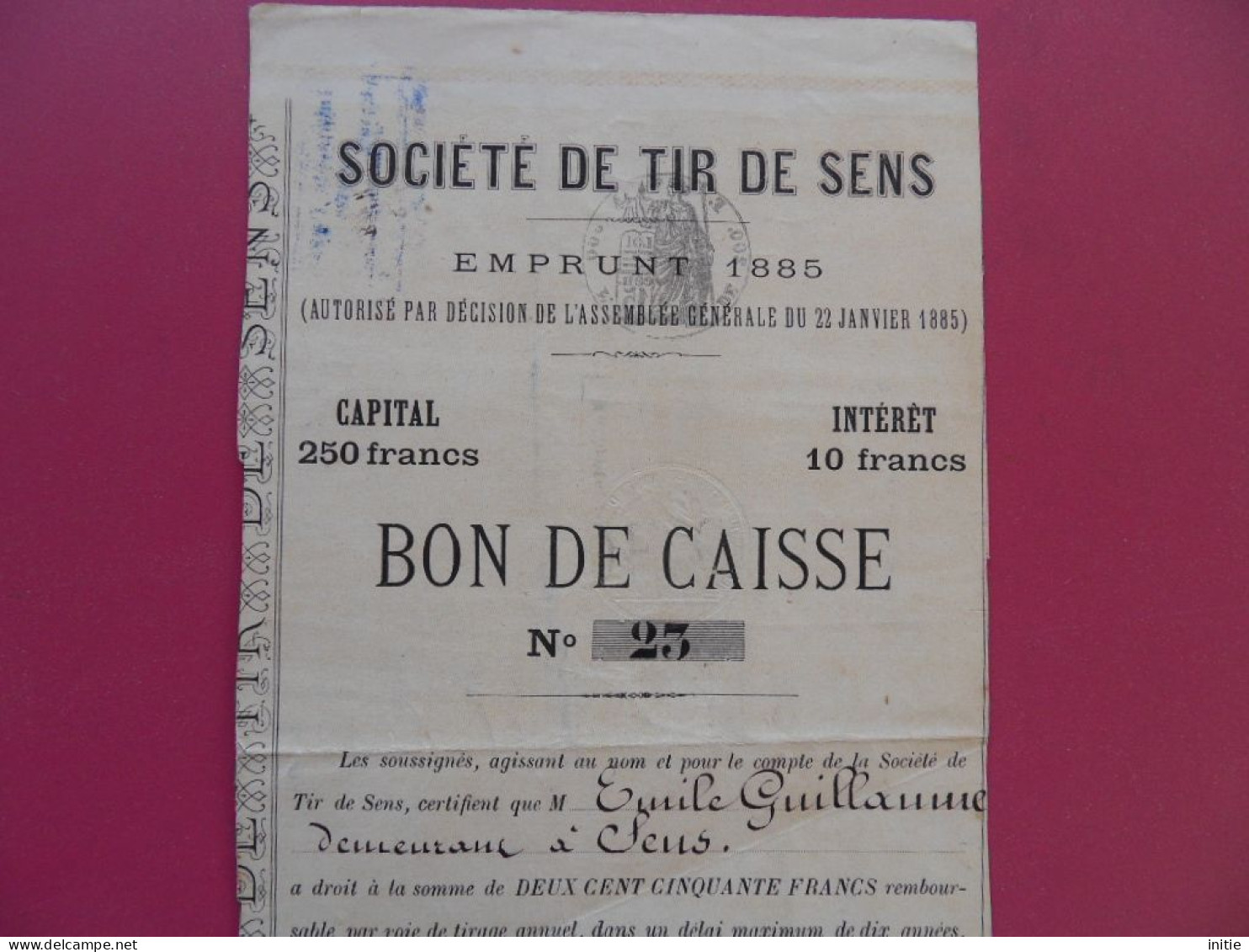 BON DE CAISSE N°23 SOCIETE DE TIR DE SENS EMPRUNT 1885 - Sport