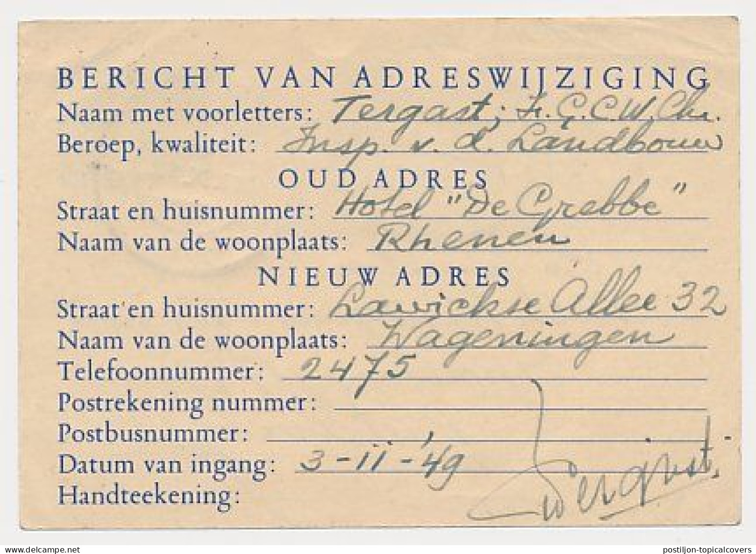 Verhuiskaart G.19 Bijfrankering Rhenen - Batavia Nederlands Indie 1949 - Per Luchtpost - Brieven En Documenten