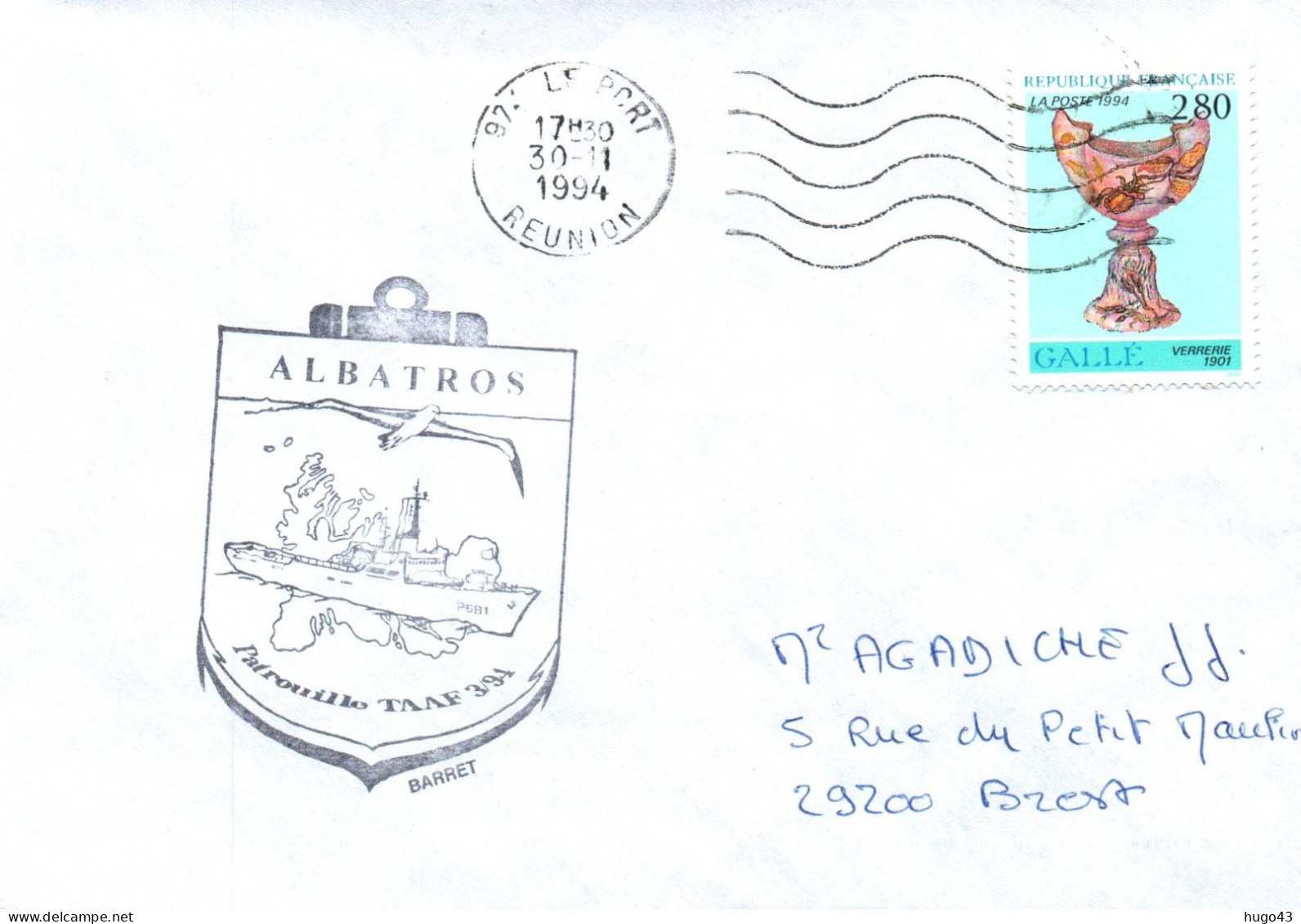 ENVELOPPE AVEC CACHET PATROUILLEUR ALBATROS - PATROUILLE 3/94 - T.A.A.F. - LE 30/11/1994 - LE PORT A LA REUNION - Seepost