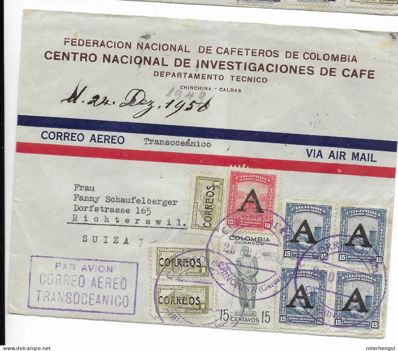 Colombia Letter 1950 Transocean Airmail (2 Scans) Coffee From Chinchina - Kolumbien