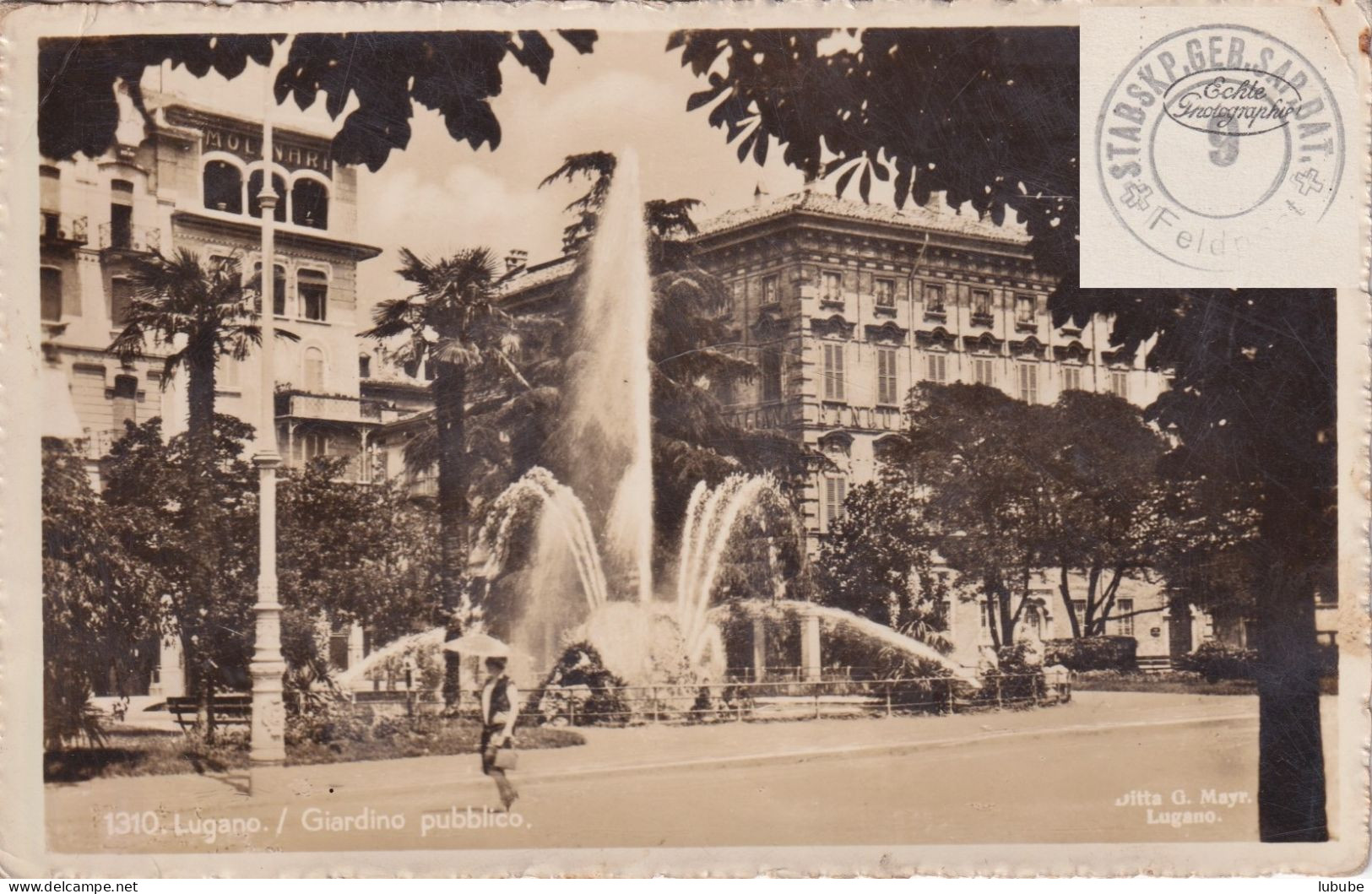 Feldpost AK  "Lugano - Giardino Pubblico"  (Stab Geb.Sap.Bat. 9)      Ca. 1940 - Briefe U. Dokumente