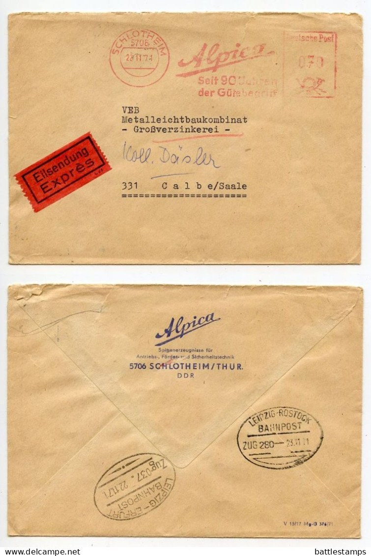 Germany, East 1971 Express / Eilsendung Cover; Schlotheim To Calbe; Alipaca Meter Slogan; Bahnpost Postmarks - Máquinas Franqueo (EMA)