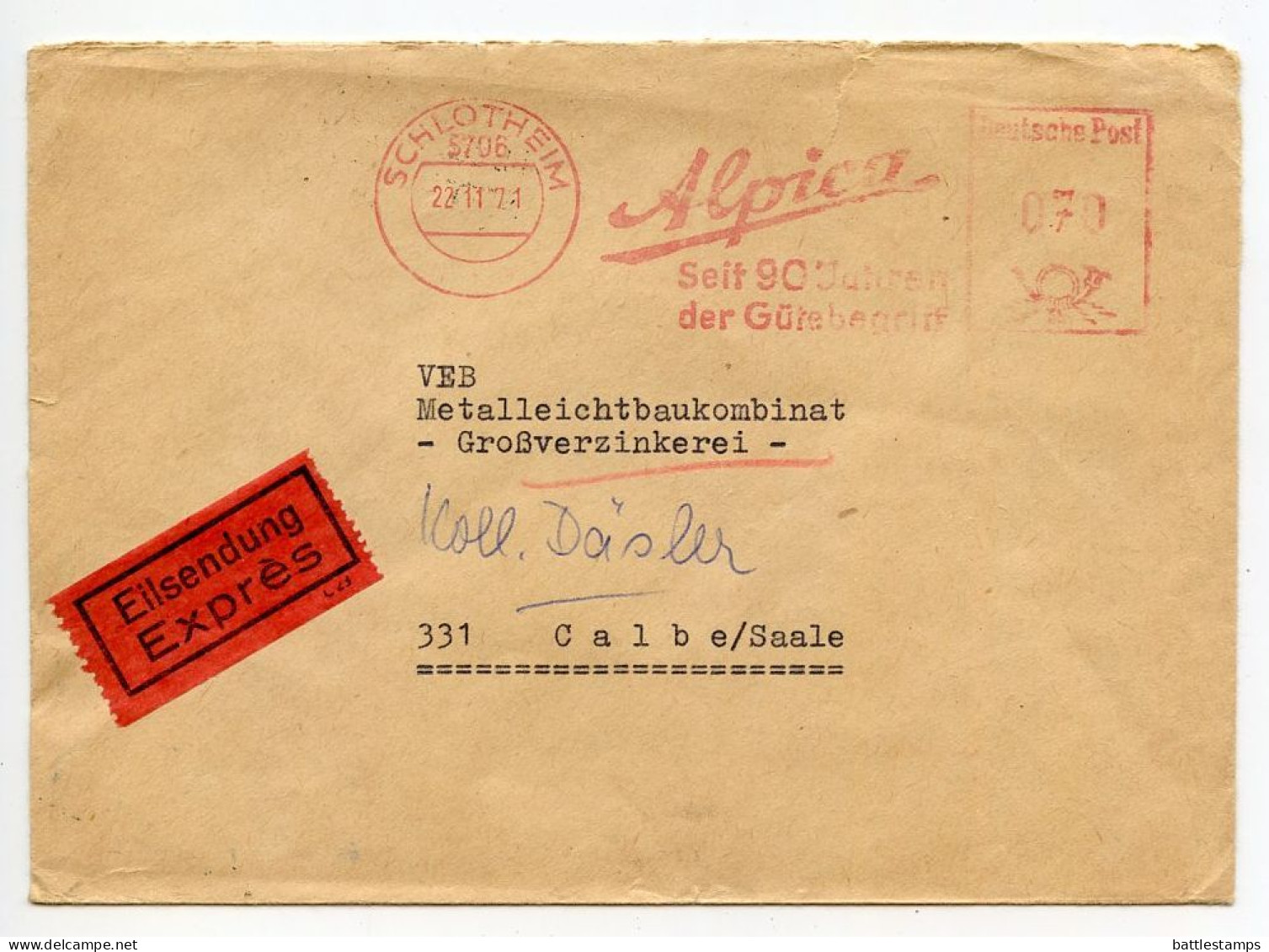 Germany, East 1971 Express / Eilsendung Cover; Schlotheim To Calbe; Alipaca Meter Slogan; Bahnpost Postmarks - Máquinas Franqueo (EMA)