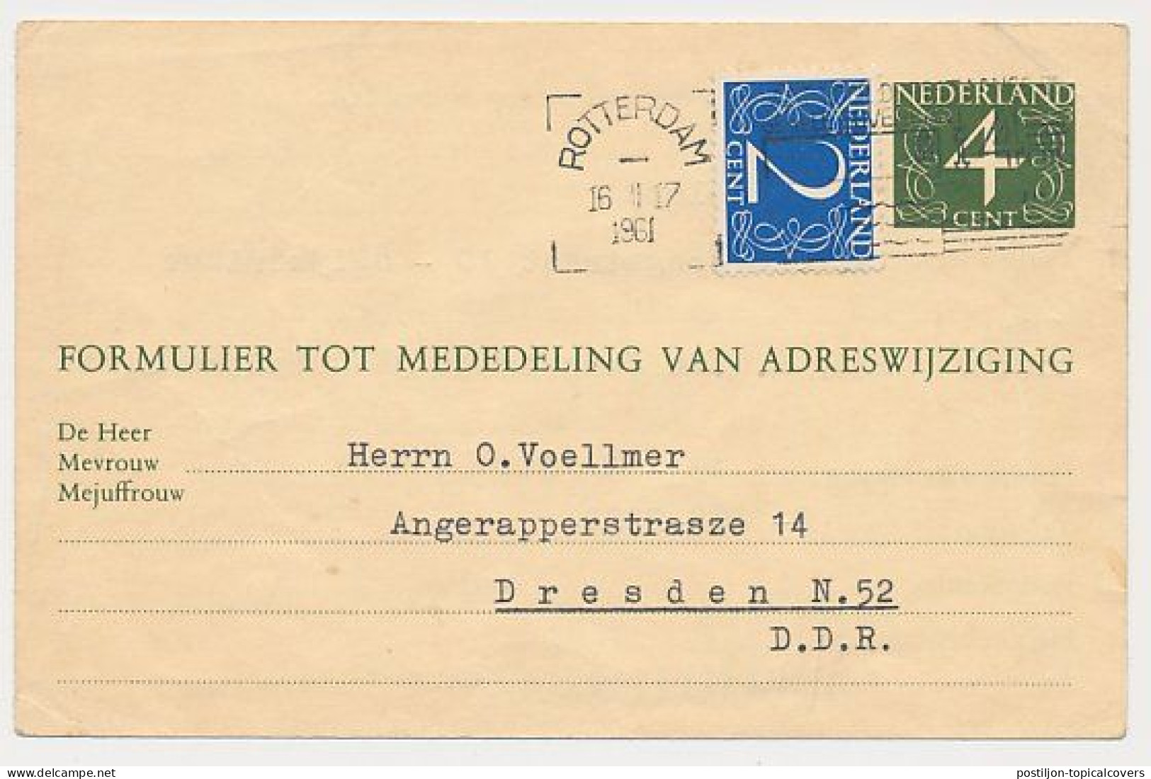 Verhuiskaart G.26 Bijfrankering Rotterdam  - DDR / Duitsland 1961 - Brieven En Documenten