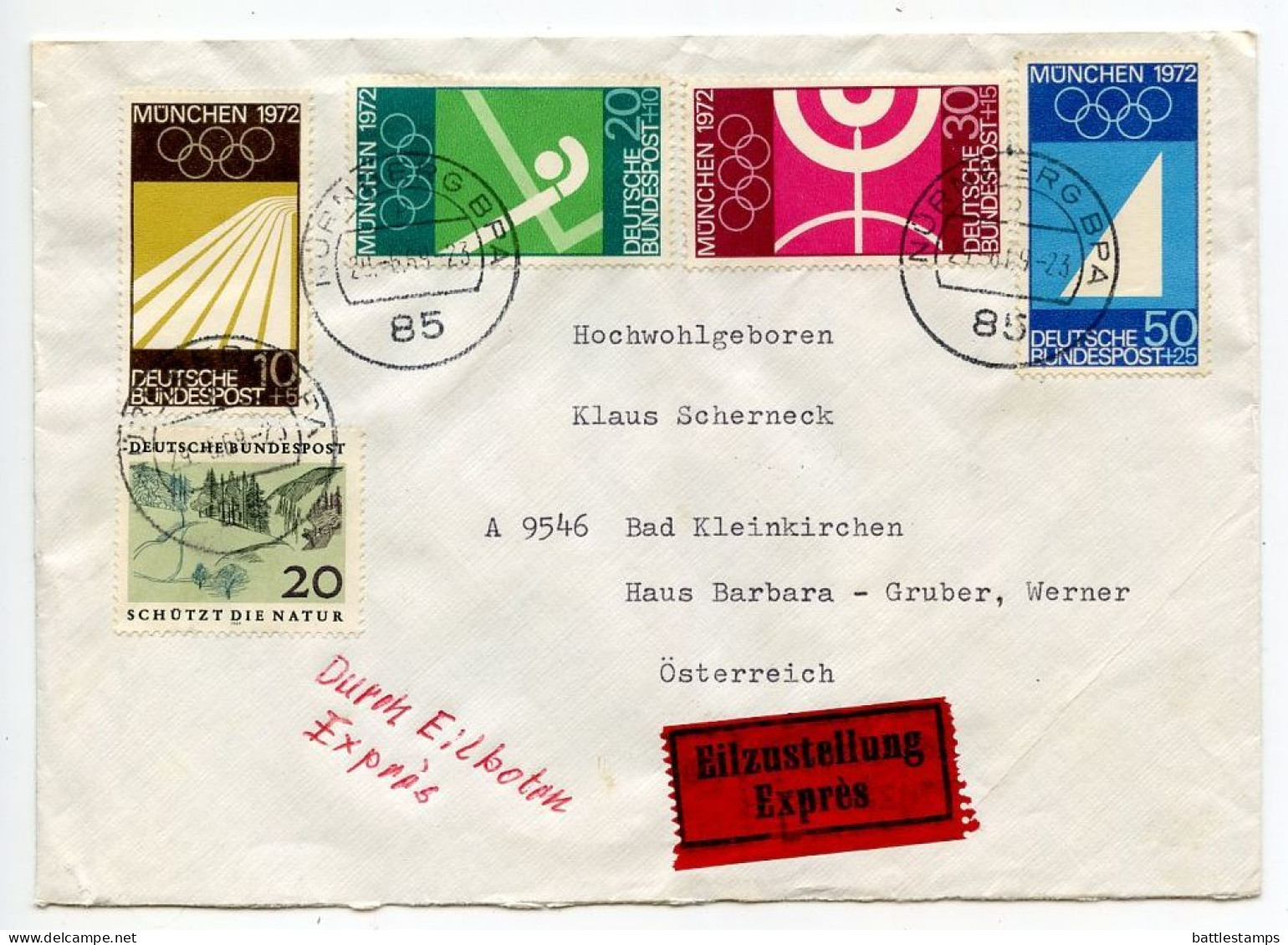 Germany, West 1969 Express / Eilzustellung Cover; Nürnberg To Bad Kleinkirchen Austria; 1972 Olympics Semi-Postal Stamps - Lettres & Documents