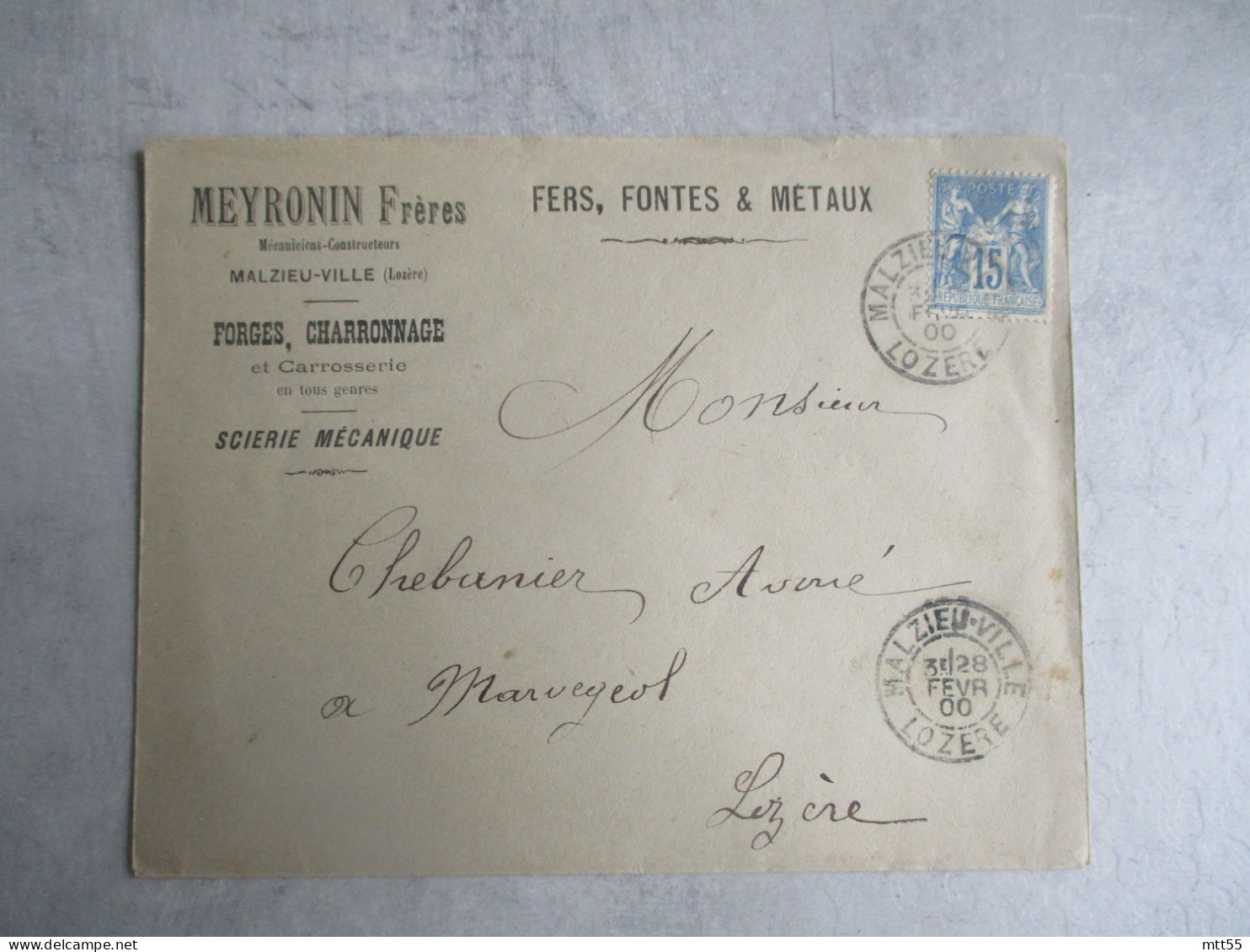 1900 MALZIEU VILLE FORGE CHARRONNAGE MEYRONIN  ENVELOPPE COMMERCIALE - 1900 – 1949