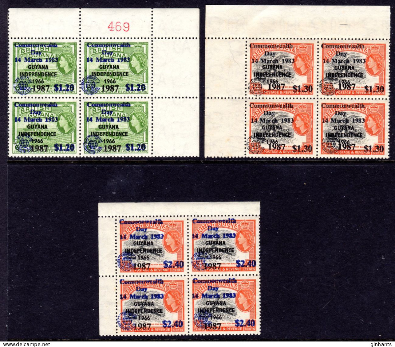 GUYANA - 1987 COMMONWEALTH HEADS OF STATE MEETING SET (3V) IN BLOCKS OF 4 FINE MNH ** SG 2187-2189 X 4 - Guyane (1966-...)