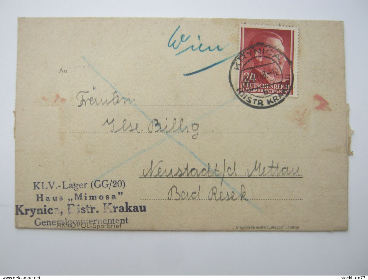 1943 , KLV - Lager KRYNICA  , Klarer Stempel Auf Brief,aus Polen,mit Inhalt - Lettres & Documents