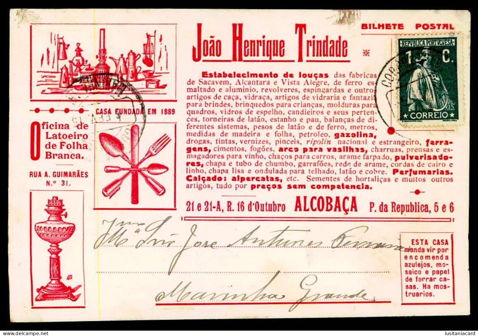 ALCOBAÇA - PUBLICIDADE - «João Henrique Trindade» - Estabelecimento De Louças...Casa Fundada Em 1889.   Carte Postale - Leiria