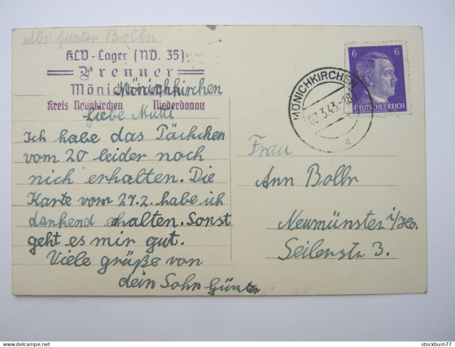 1943 , KLV - Lager MÖNICHKIRCHEN ,Niederdonau  , Klarer Stempel Auf Karte,aus  Österreich - Lettres & Documents