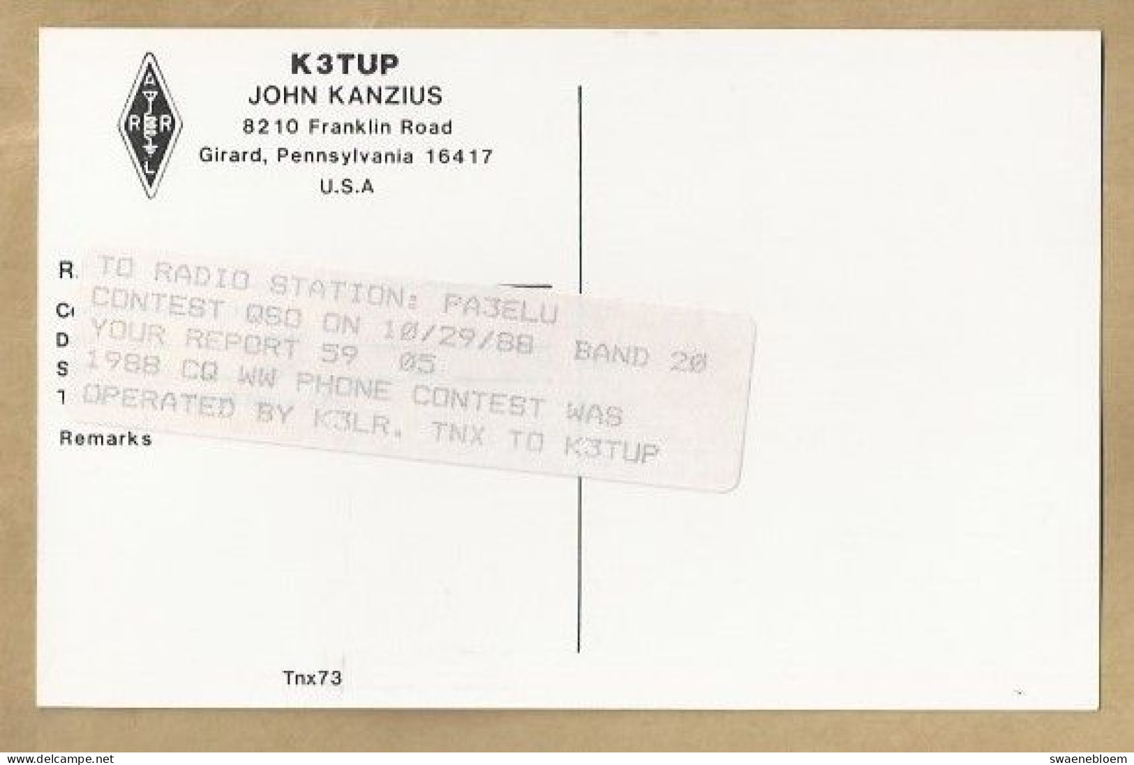 US.- QSL KAART. CARD. K3TUP. JOHN KANZIUS, GIRARD, PENNSYLVANIA. U.S.A.. To RADIO STATION: PA3ELU - Amateurfunk