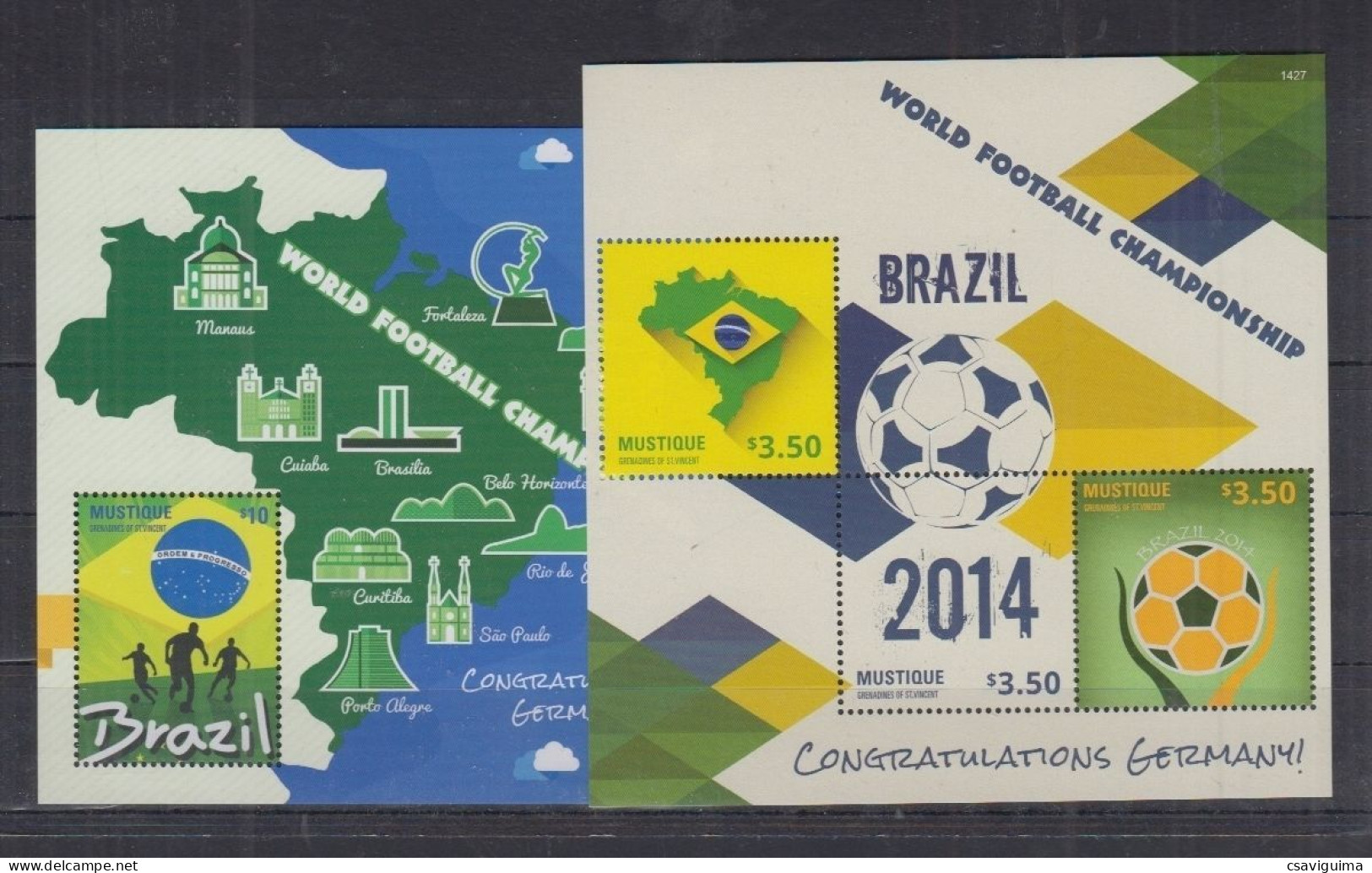 St Vincent (Mustique) - 2014 - Word Cup Congratulation Germany - Mi: 42/44 + Bl 71 - 2014 – Brazilië