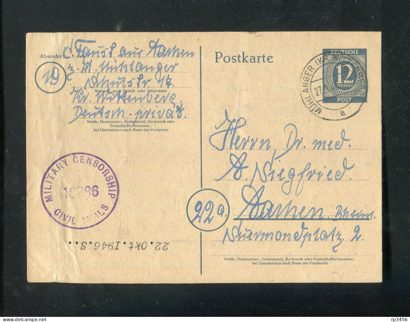 "ALL. BESETZUNG" 1946, Postkarte Mit "ZENSUR" (violl. K1 "Military Censorship"), Stegstempel "MUEHLANGER" (R1127) - Entiers Postaux