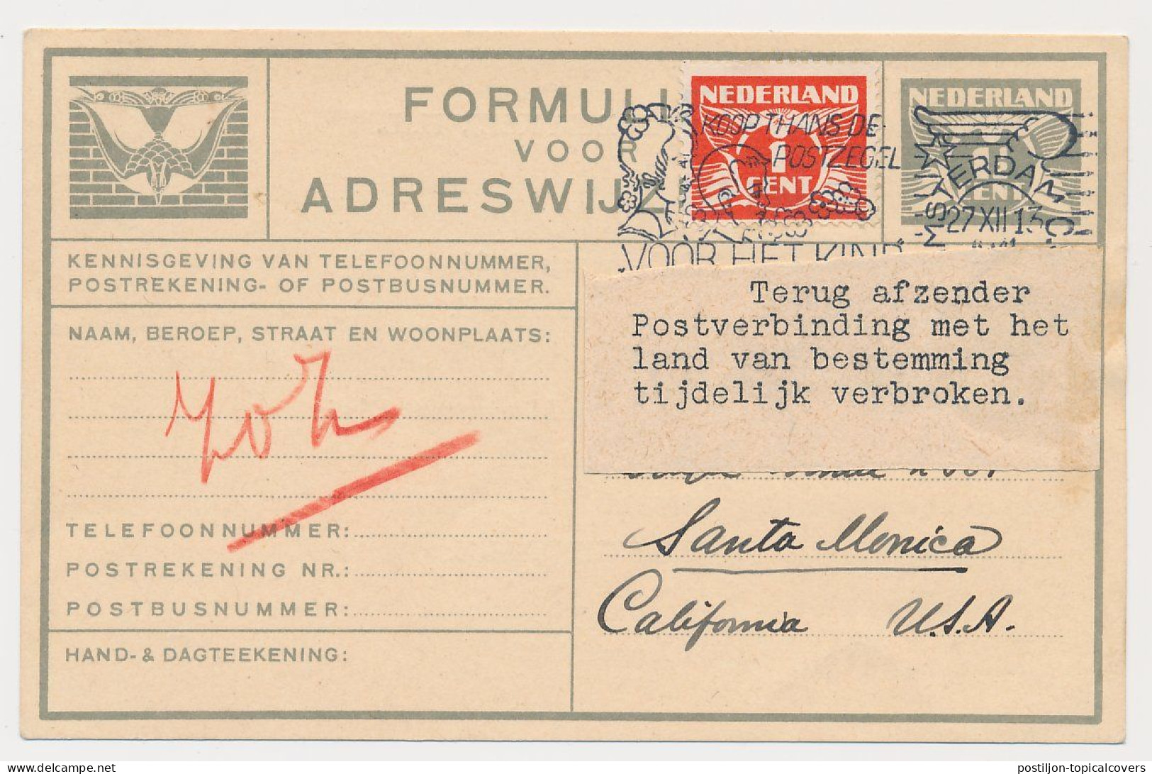 Verhuiskaart G.13 Terug Afzender - Postverbinding Verbroken WOII - Amsterdam - USA 1942 - Brieven En Documenten