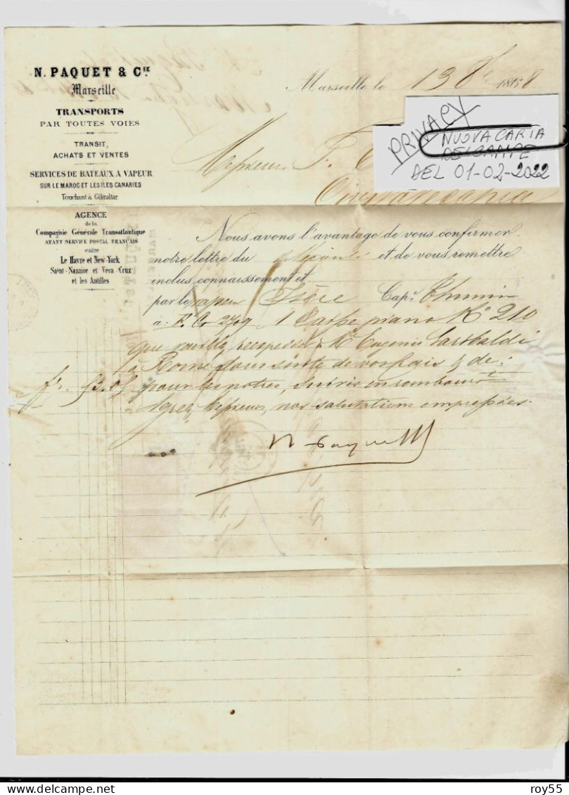 Lettera Fattura Commerciale Da Marseille France Destinazione Italia Civitavecchia Lazio Viaggiata Nel 1868 (v.scansioni) - 1800 – 1899