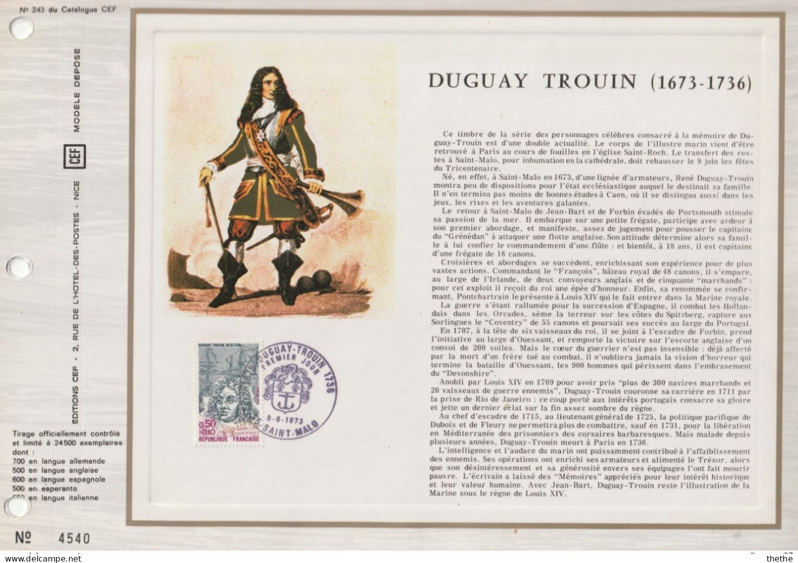 FRANCE - FDC - Duguay Trouin (1673-1736) - Feuillet N° 243 Du Catalogue CEF - 1970-1979