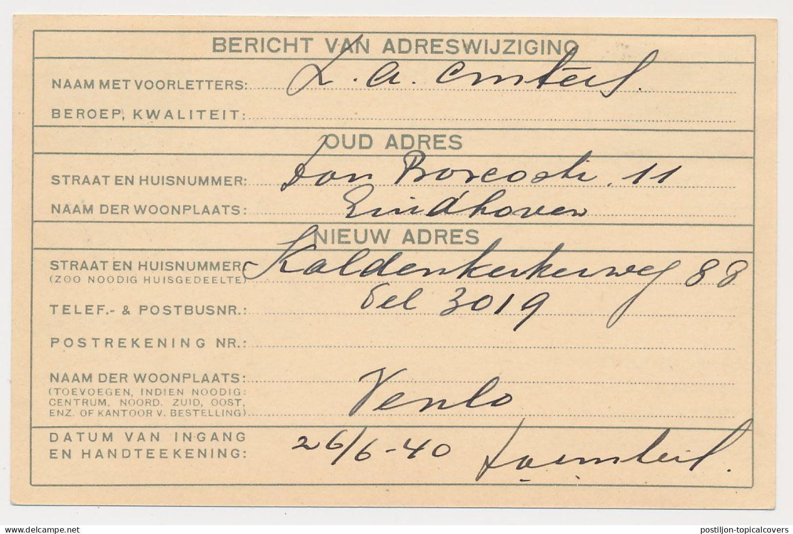 Eindhoven - Zwitserland 1940 Terug Afzender - Alleen Brieven En Briefkaarten Toegelaten WOII - Verhuiskaart G.13 - Brieven En Documenten