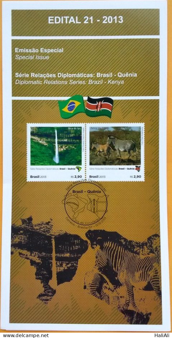 Brochure Brazil Edital 2013 21 Diplomatic Relations Kenya Zebra Cachoeira Without Stamp - Cartas & Documentos