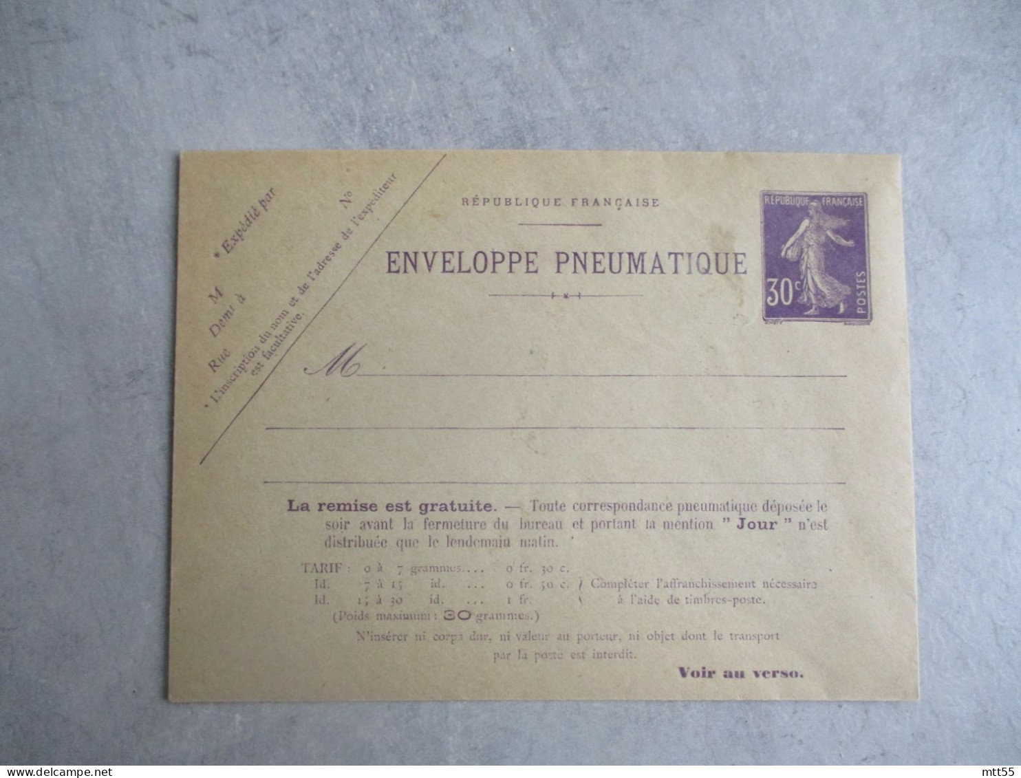 ENVELOPPE PNEUMATIQUE  SEMEUSE 30 C ENTIER POSTAL - Enveloppes Types Et TSC (avant 1995)