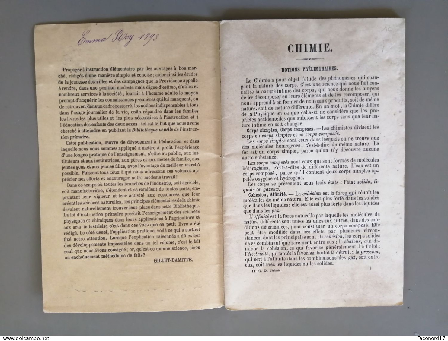 Bibliothèque Usuelle De L'instruction Primaire N°44 Chimie Par Gillet-Damitte 1893 - 6-12 Anni