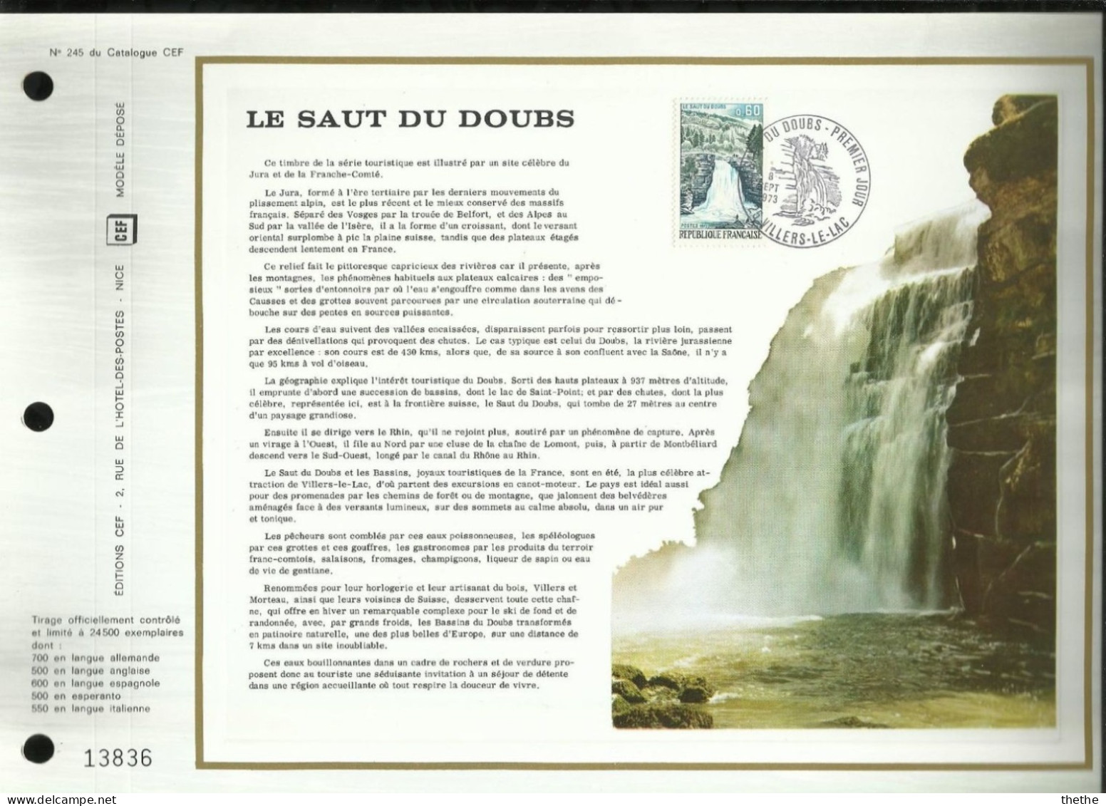 FRANCE - FDC - Le Saut Du Doubs -   Feuillet N° 245 Du Catalogue CEF - 1970-1979