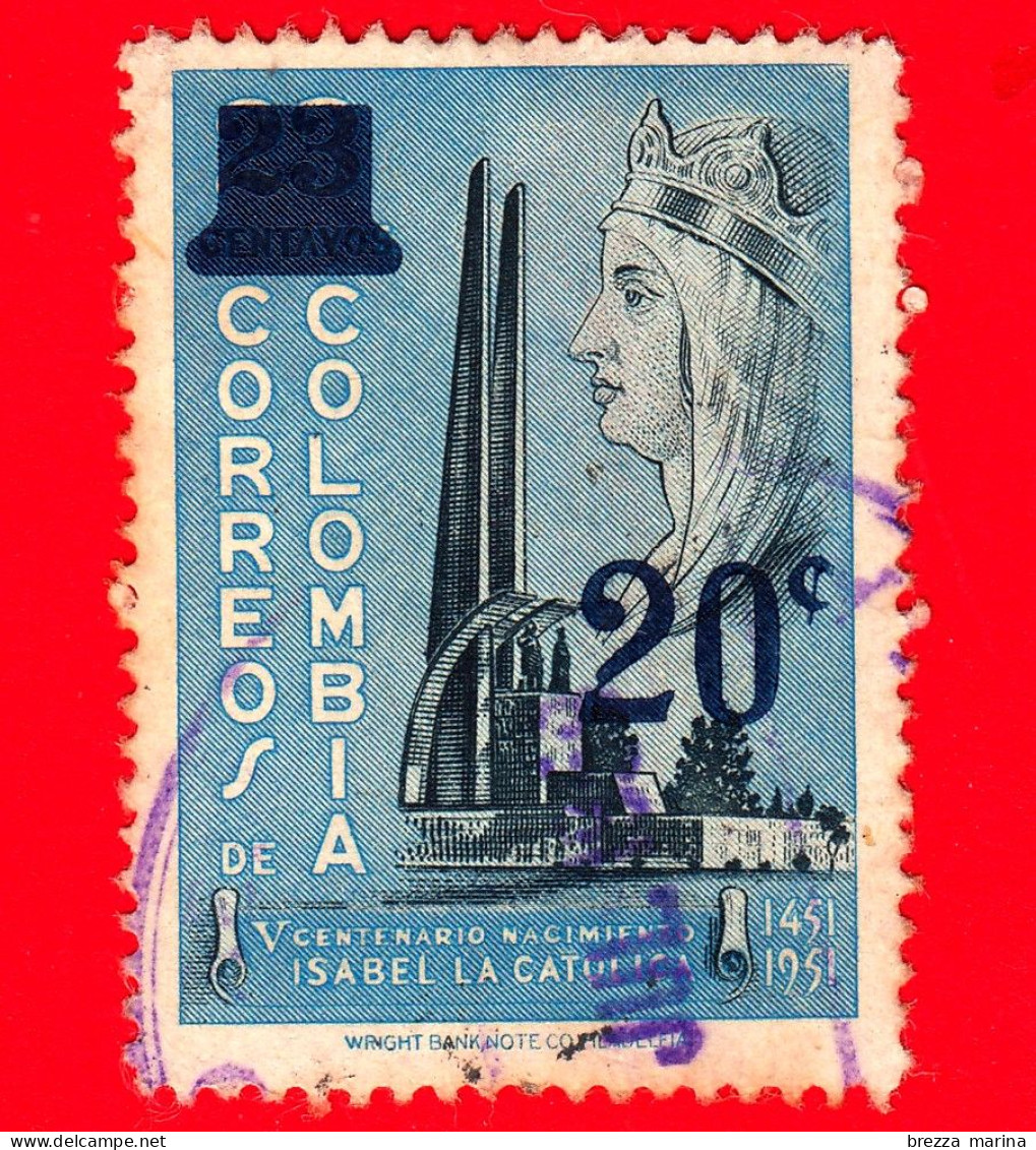 COLOMBIA - Usato - 1959 - Regina Isabella I Di Castiglia, Soprastampato 20 Su 23 - Colombie