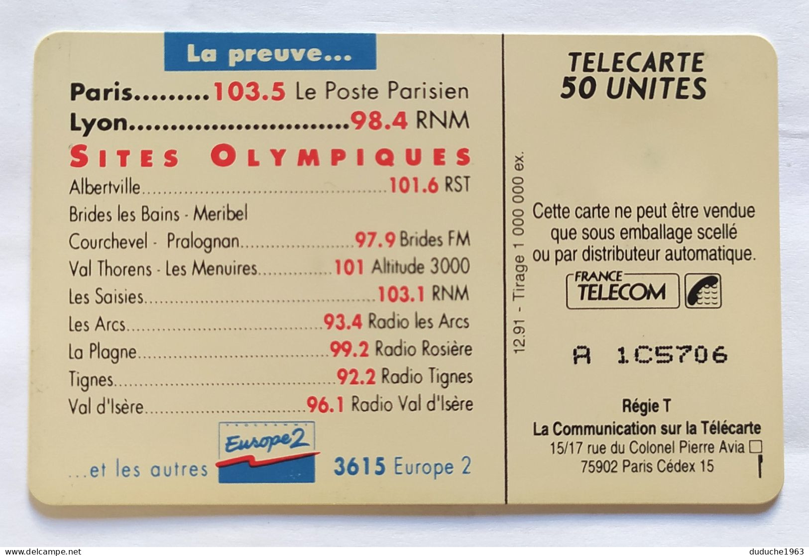 Télécarte France - EUROPE 2 - Sin Clasificación