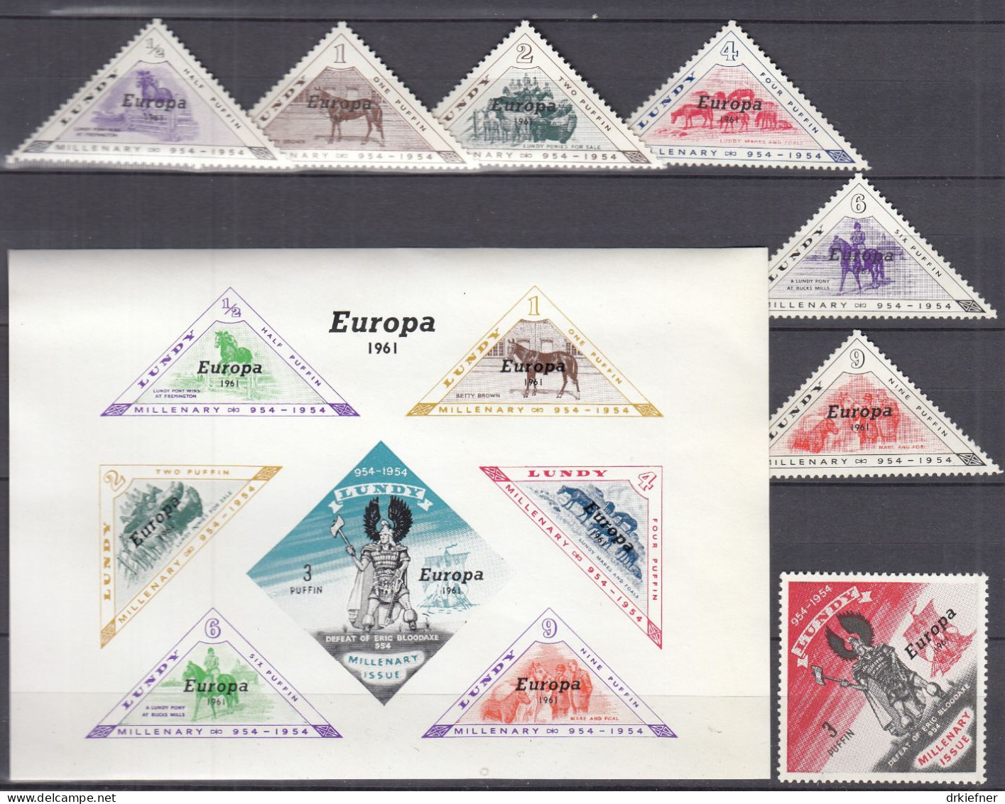 INSEL LUNDY (Wales), Nichtamtl. Briefmarken, 1 Block + 7 Marken, Postfrisch **, Europa 1961, Pferde, Wikinger - Pays De Galles