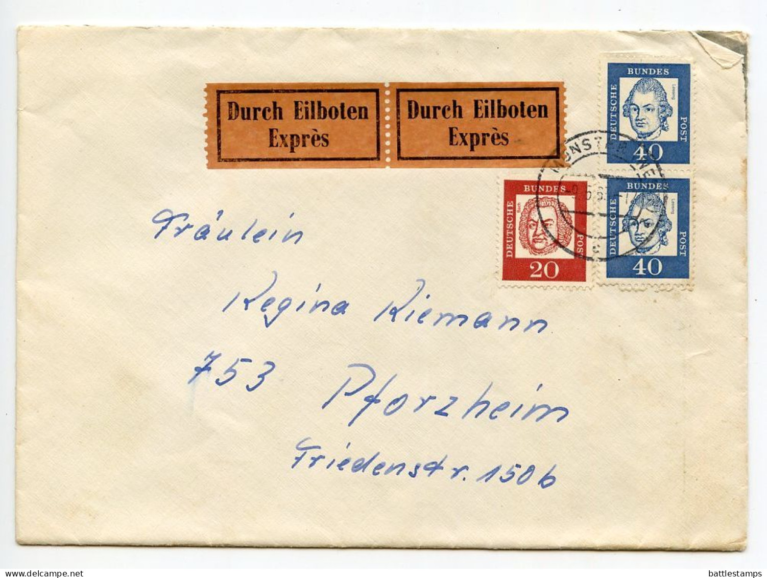 Germany, West 1963 Express / Durch Eilboten Cover; Münster (West) To Pforzheim; 20pf. Bach & 40pf. Lessing Stamps - Lettres & Documents