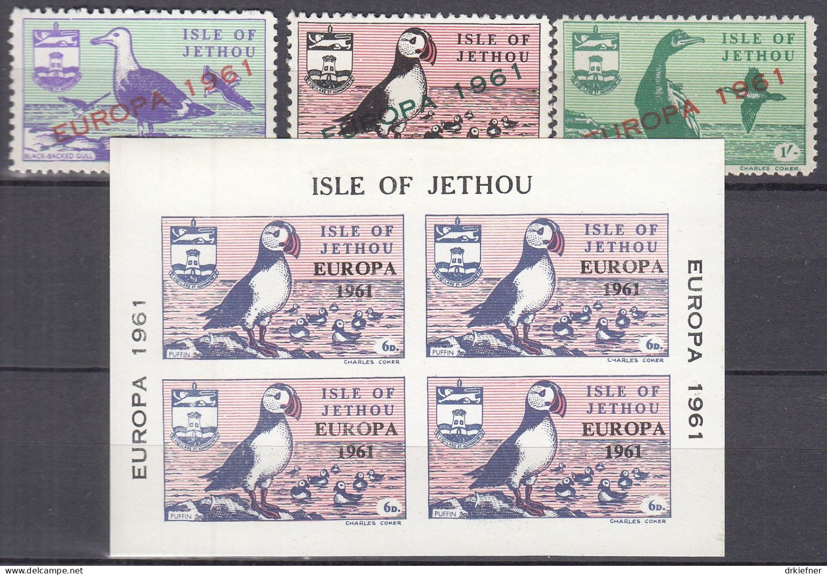 INSEL JETHOU (Guernsey), Nichtamtl. Briefmarken, 1 Block + 3 Marken, Postfrisch **, Europa 1961, Vögel - Guernsey