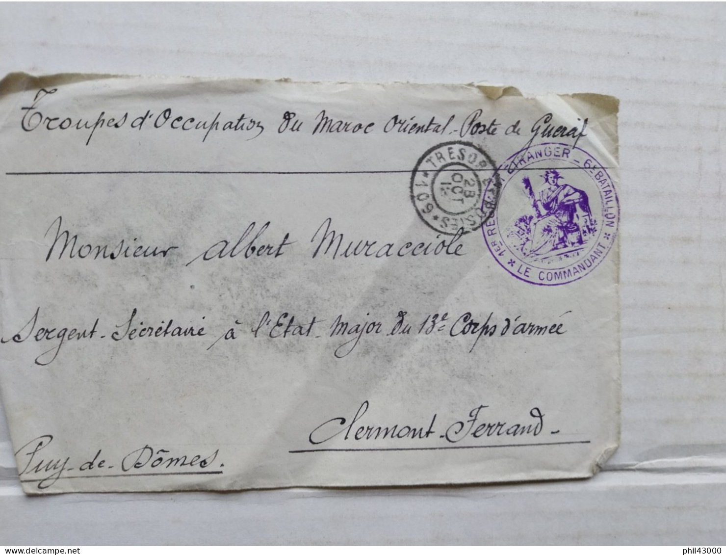 CACHET MILITAIRE SUR ENVELOPPE MAROC ORIENTAL 1er REGIMENT ETRANGER 6e BATAILLON - Documents