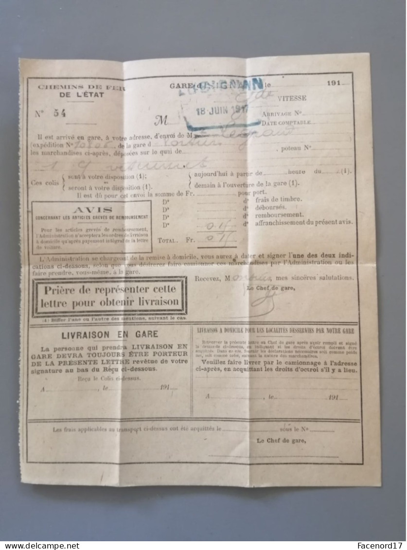 Document De Livraison En Gare De Lusignan Chemins De Fer De L'Etat 18 Juin 1947 - Verkehr & Transport