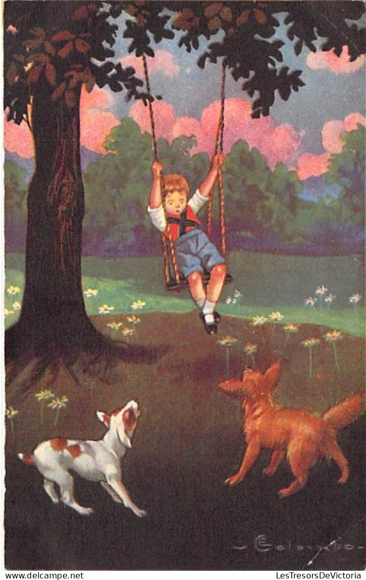 Illustrateur - Colombo - Enfant Sur Une Balançoire Avec Deux Chiens Qui Le Regardent - Carte Postale Ancienne - Colombo, E.