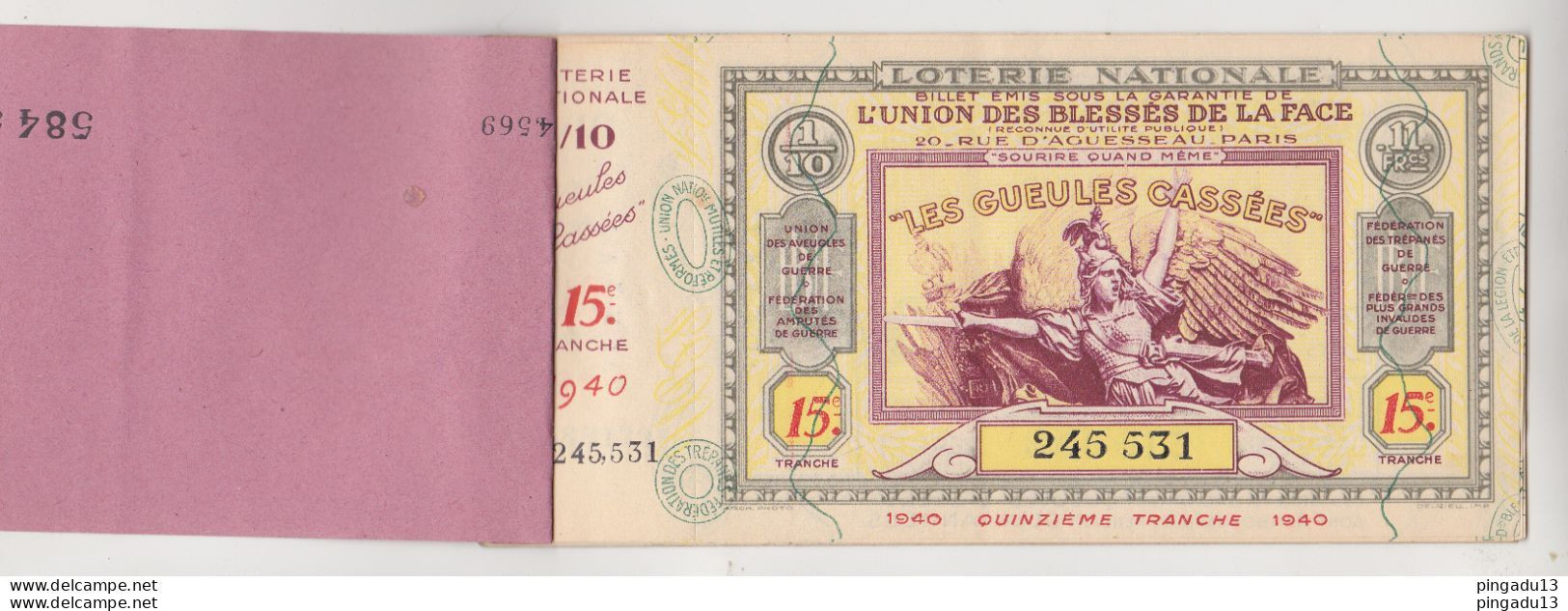France Loterie Nationale Carnet De 8 Billets 1940 15 ème Tranche Gueules Cassées Très Bon état - Lottery Tickets