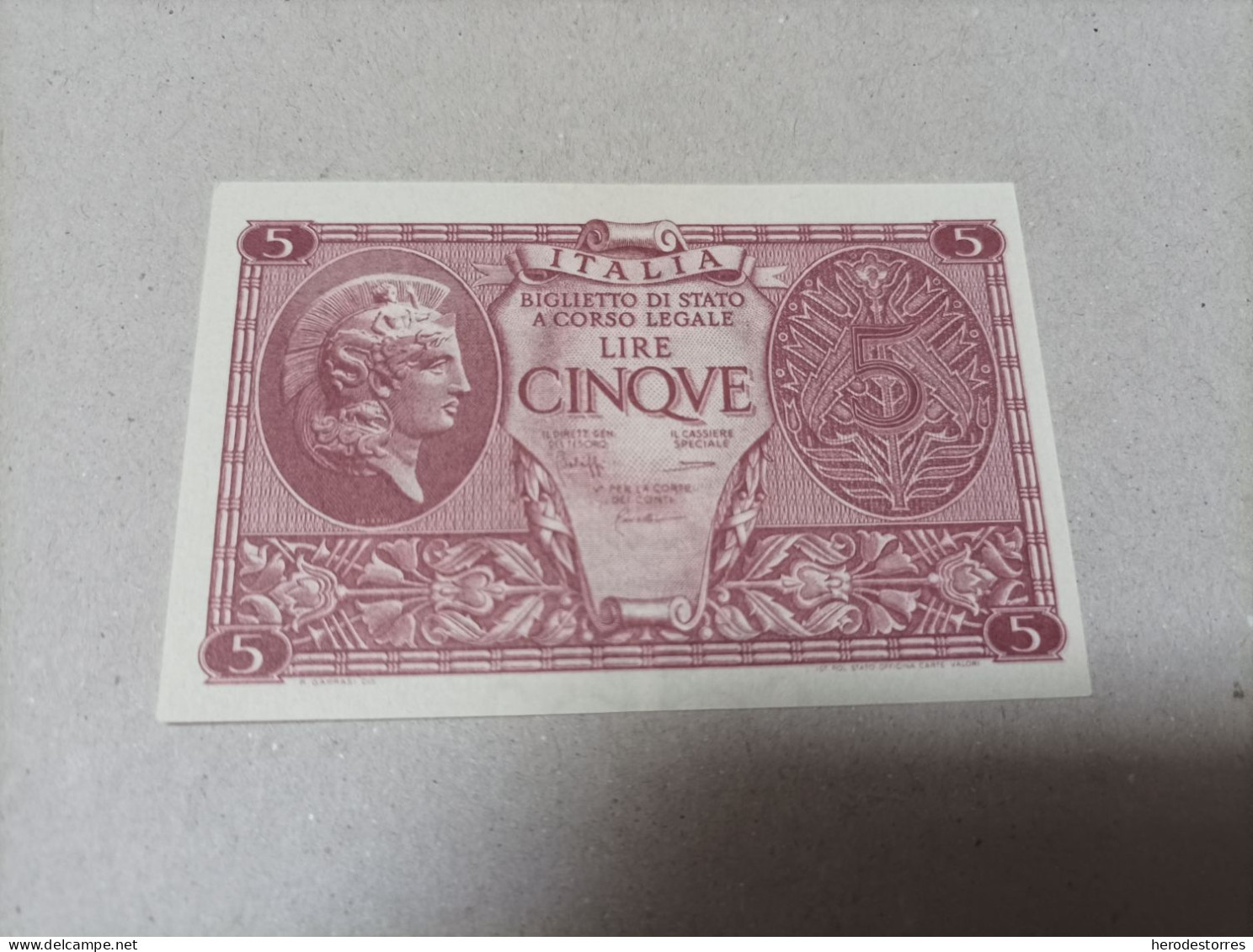 Billete Italia, 5 Liras, Año 1944, UNC - A Identificar