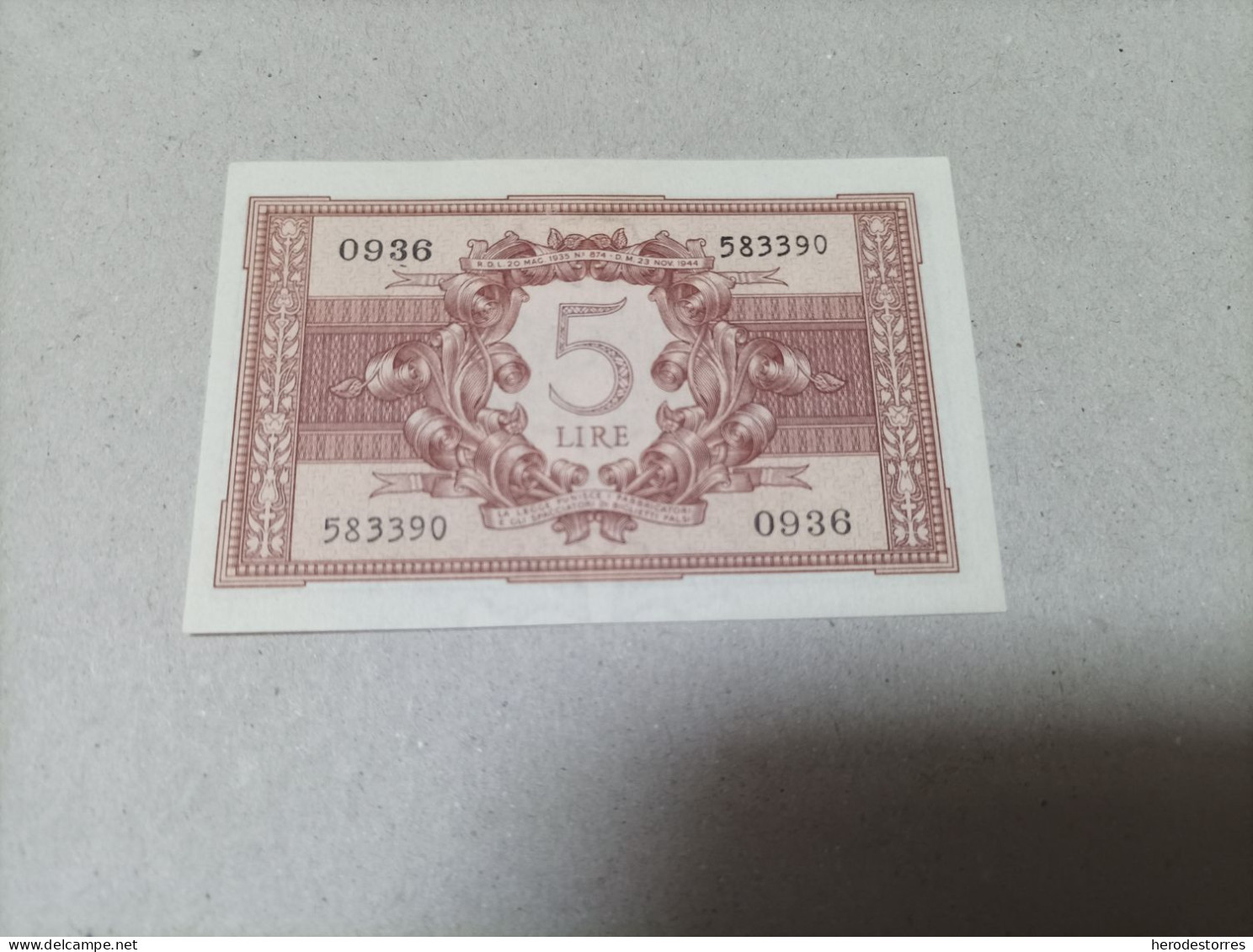 Billete Italia, 5 Liras, Año 1944, UNC - To Identify