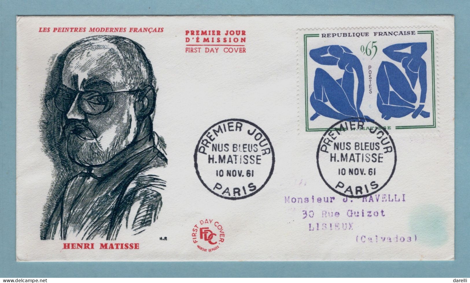 FDC France 1961 - Les Nus Bleus D'Henri Matisse - YT 1320 - Paris - 1960-1969