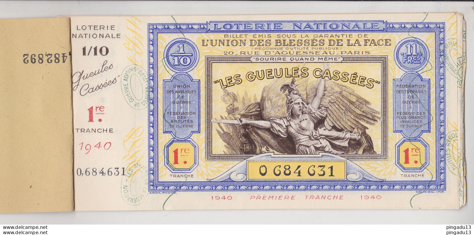Fixe France Loterie Nationale Carnet De 8 Billets 1940 Première Tranche Gueules Cassées Très Bon état - Loterijbiljetten