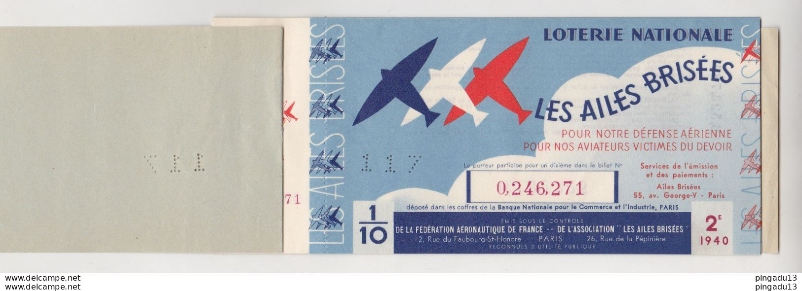 Fixe France Loterie Nationale Carnet De 8 Billets 1940 Ailes Brisées Très Bon état - Lotterielose