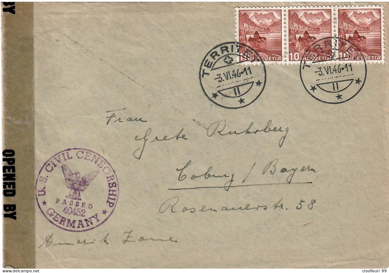 U.S.Civil Censorship Germanyde Territet For Bayer 3.6.1946 / Passed 40452 - Postmark Collection