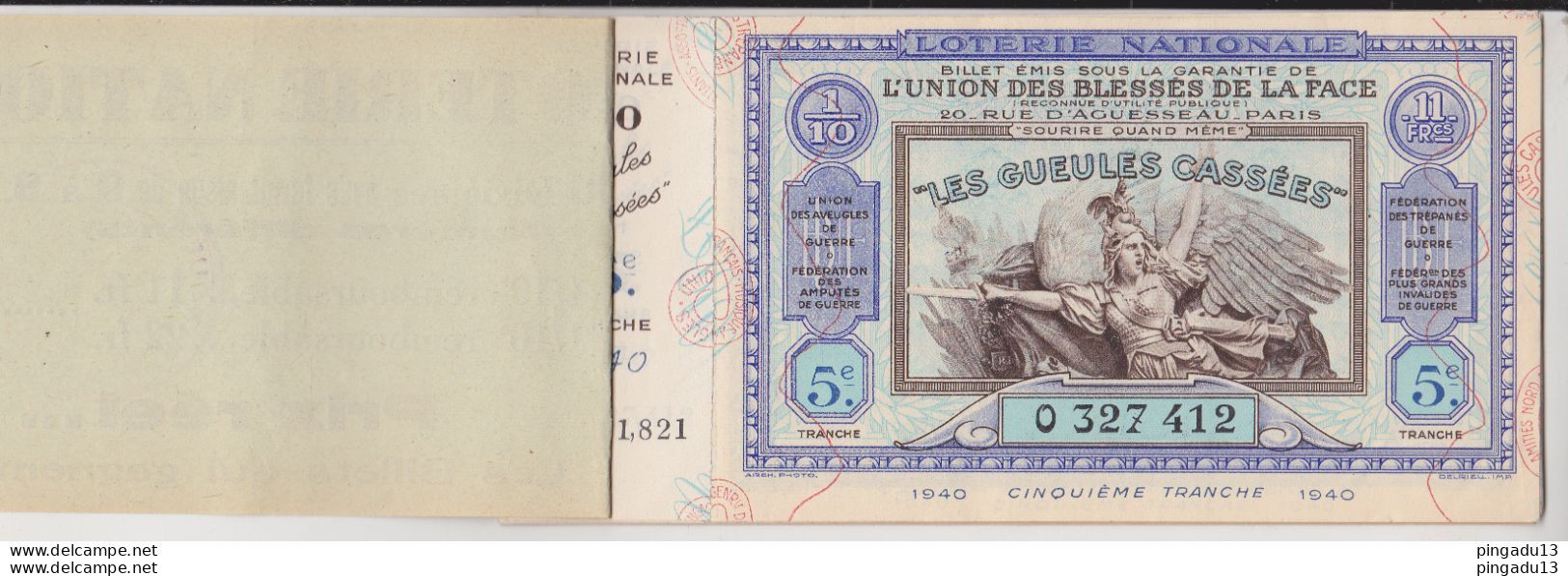 Fixe France Loterie Nationale Carnet De 8 Billets 1940 5 ème Tranche Gueules Cassées Très Bon état - Loterijbiljetten