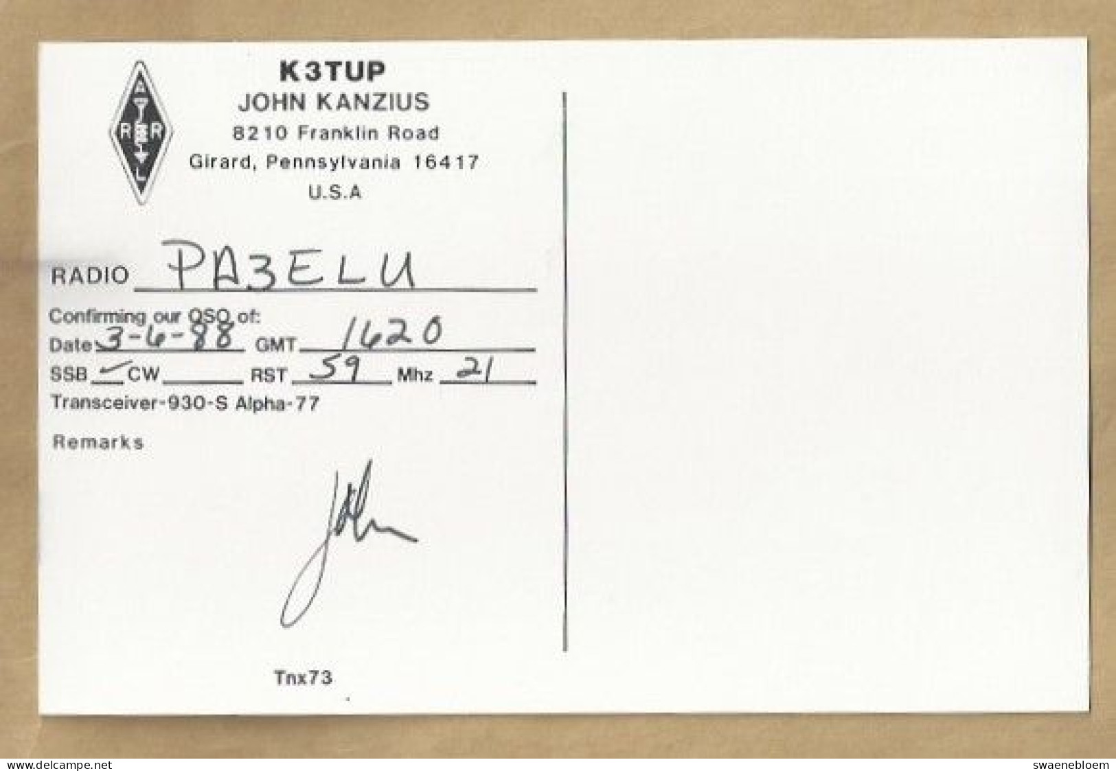 US.- QSL KAART. CARD. K3TUP. JOHN KANZIUS, GIRARD, PENNSYLVANIA. U.S.A.. To RADIO STATION: PA3ELU - Amateurfunk