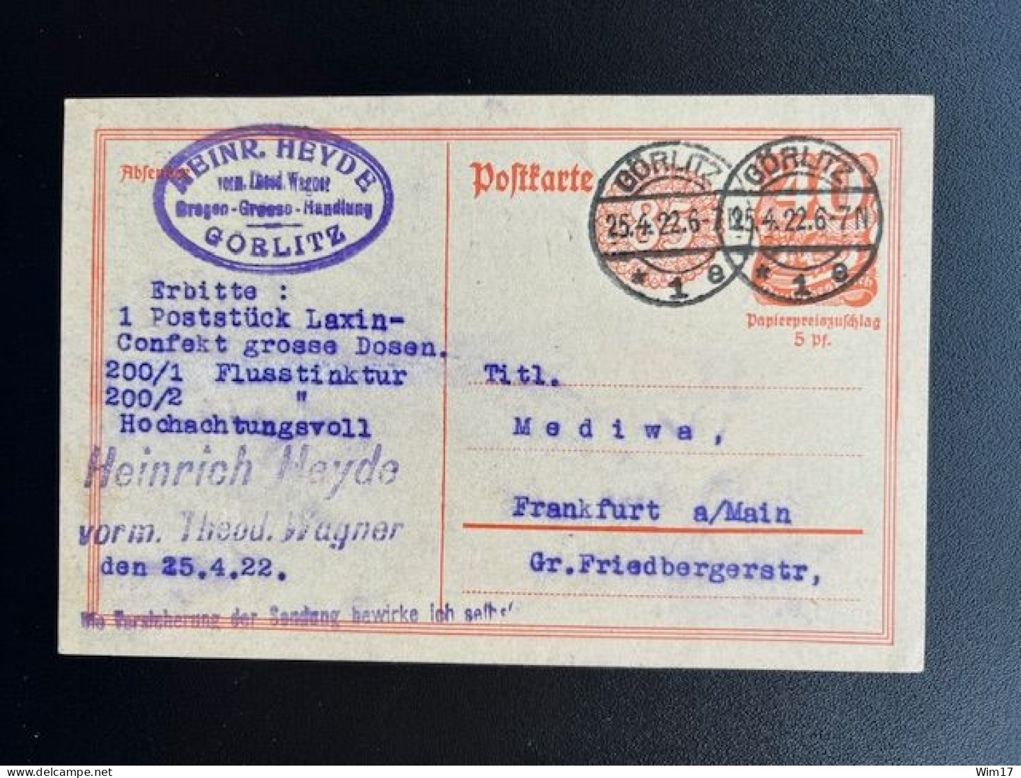 GERMANY 1922 POSTCARD GORLITZ TO FRANKFURT AM MAIN 25-04-1922 DUITSLAND DEUTSCHLAND - Cartes Postales