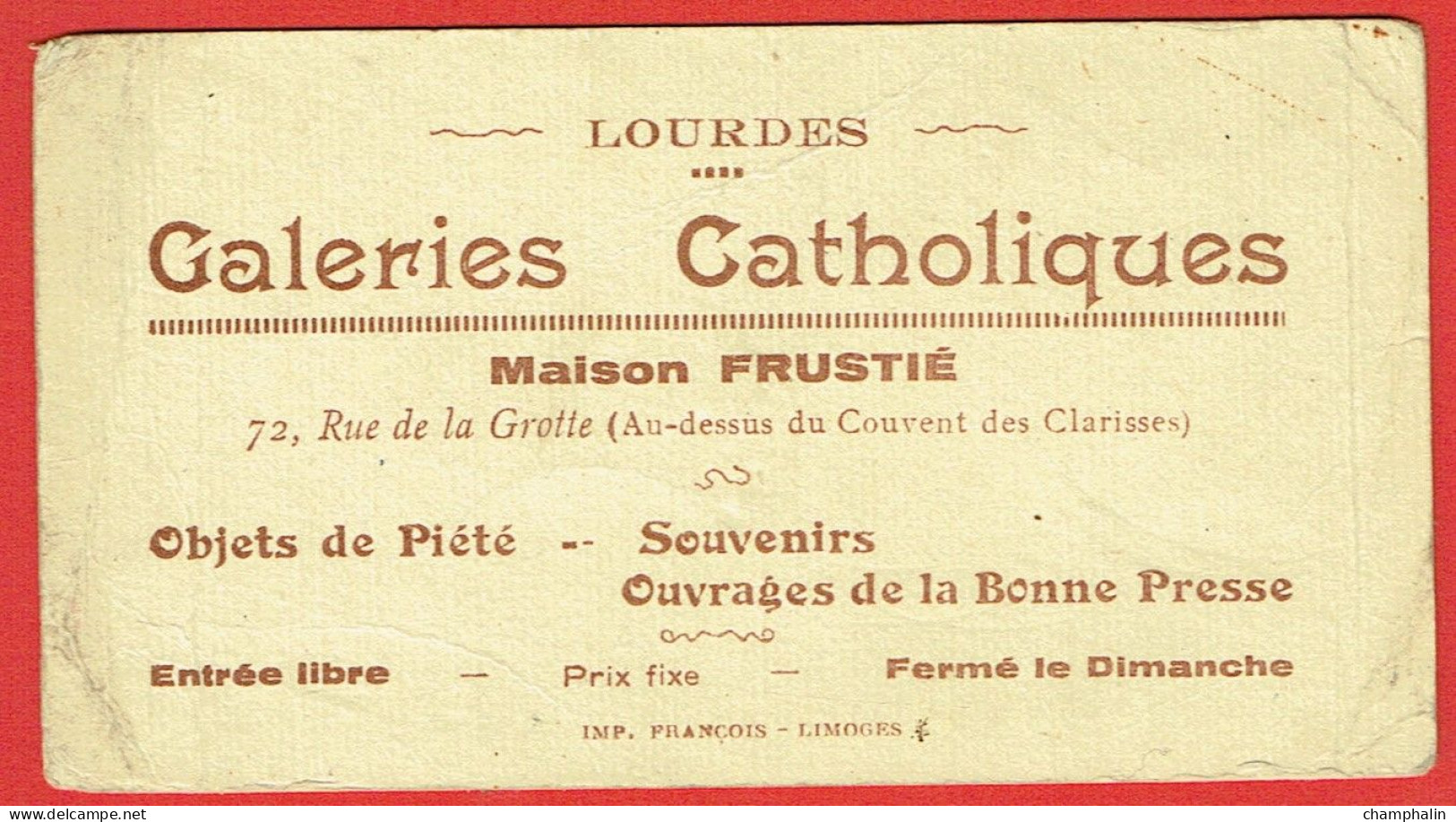 Carte De Visite Commerciale - Galeries Catholiques - Maison Frustié à Lourdes (65) - Souvenirs Religieux - Cartoncini Da Visita