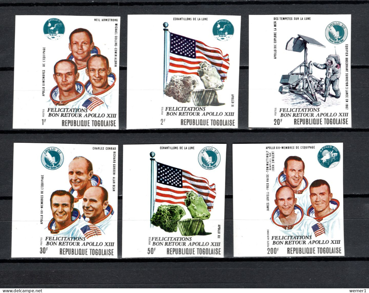 Togo 1970 Space, Apollo 13 Set Of 6 Imperf. With Overprint MNH -scarce- - Africa