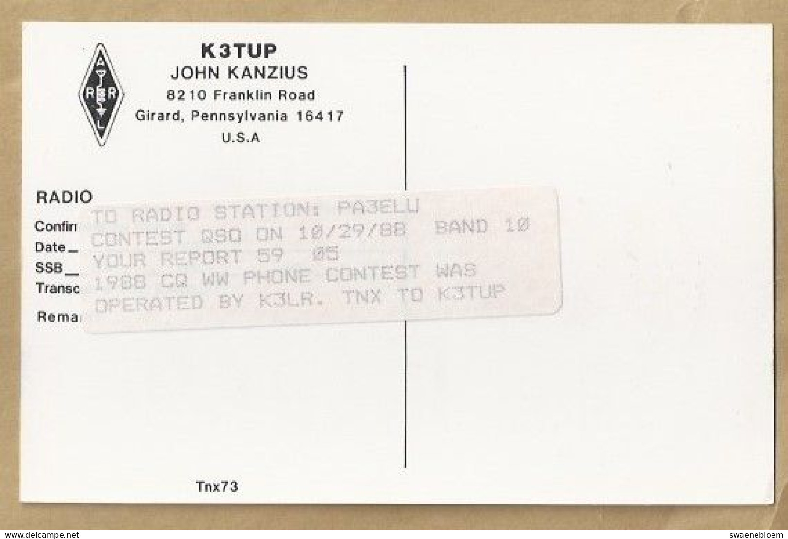 US.- QSL KAART. CARD. K3TUP. JOHN KANZIUS, GIRARD, PENNSYLVANIA. U.S.A.. To RADIO STATION: PA3ELU - Amateurfunk